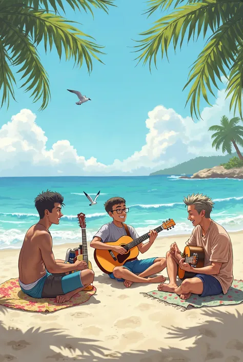 In the beach a man  seat who is teba and  playing aguitar with his friend yitbarek ,tsadiku ,eyuel ,