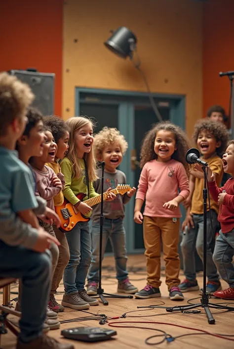 multiple kids recording in a recording studio