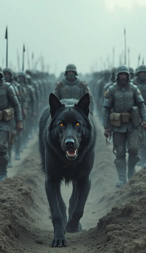 An army of soldiers following a black dog through a cinder 