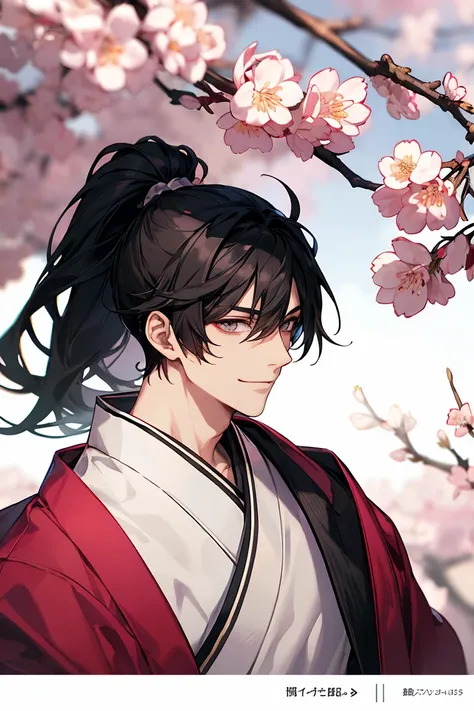  young、Male 1、The only good-looking guy 、solo（（20 years old、Broad shoulders、 black hair、Smooth and straight、The hairstyle is a ponytail、 kimono、 handsome、Good Youth、smile、I'm looking here、 face up））、Bad Hair 、Cherry blossoms are scattered、 photos、masterpie...