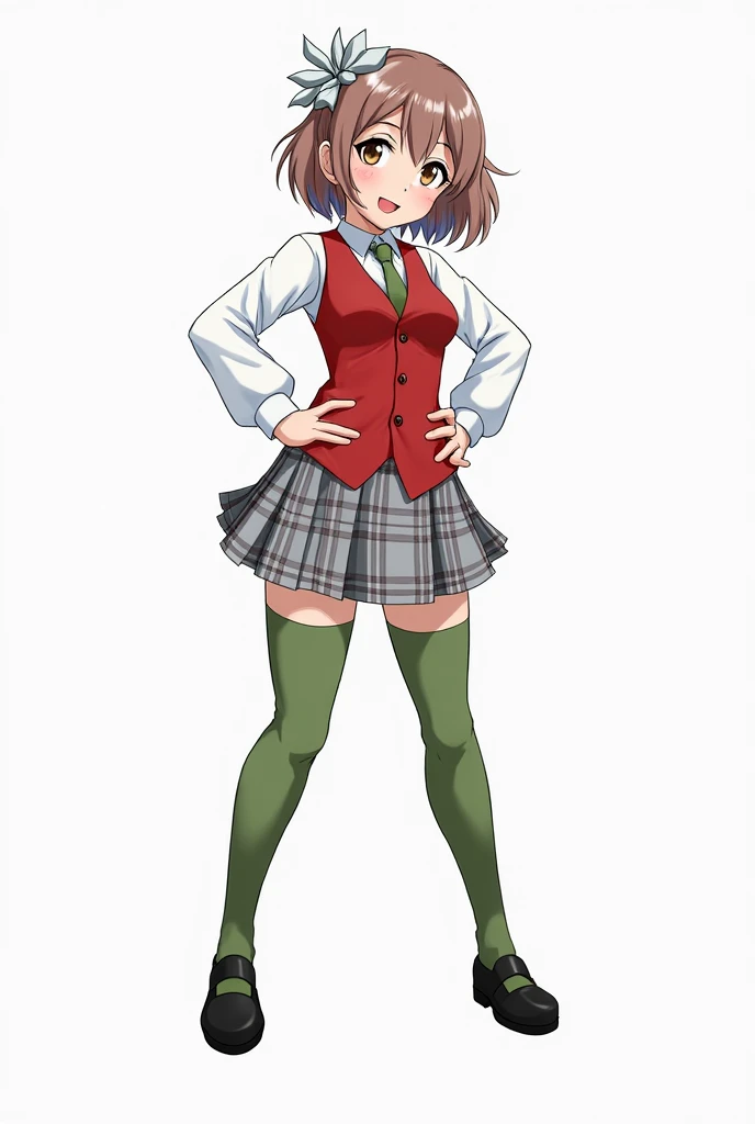 Jenera, an anime-style girl with short hair up to her shoulders and brown eyes, brown eyes, pink lips, big thigh and dress, a white shirt with a red vest, gray plaid skirt, long green calsettes and black shoes, an onion hairstyle and a silver bow on the ba...