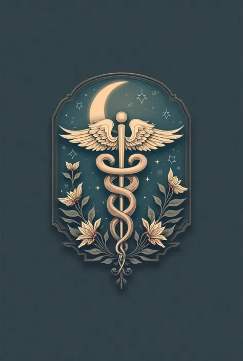 I need you to make a creative logo.
 that includes the following :
medicine, flores,, dusk and stars and moon, and reading 