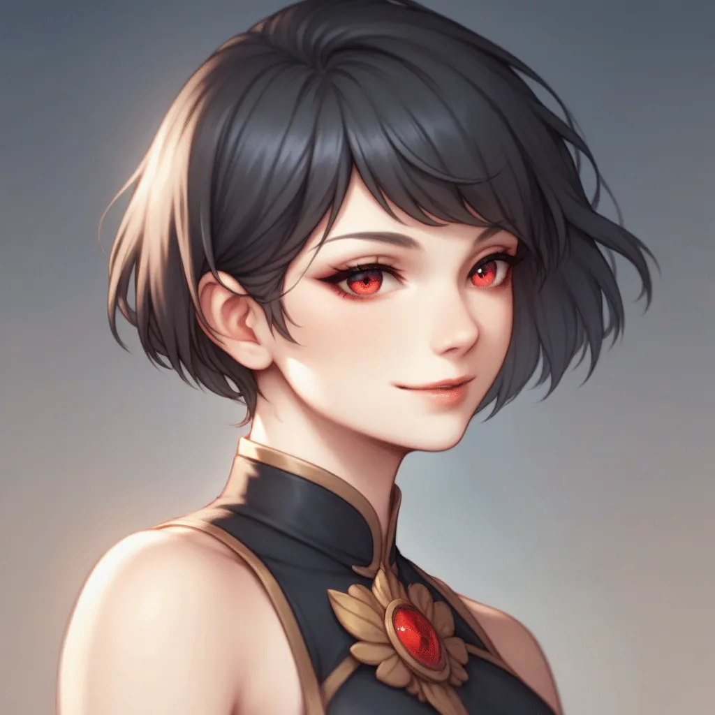  a girl, Alone, high resolution, High quality, short hair, black hair, split bangs, small breasts, red eyes,  light smile,  Simple background ,  ANIMATED STYLE ,  animated, 