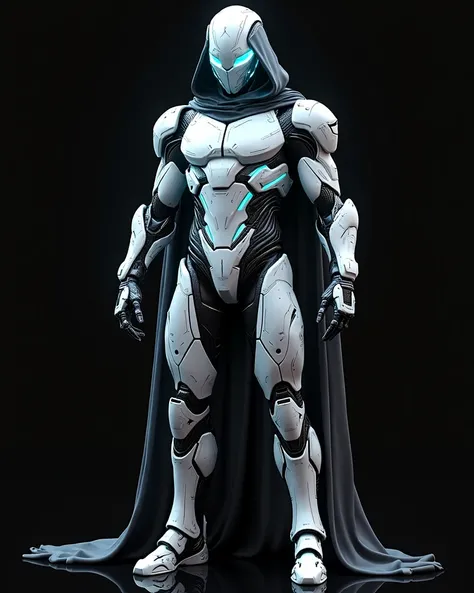 futuristic cybernetic warrior standing in the exact same pose as the reference image. The figure is clad in advanced cyberpunk-style armor, featuring sleek, high-tech plating with a mix of white and silver metallic surfaces and glowing neon-blue energy lin...