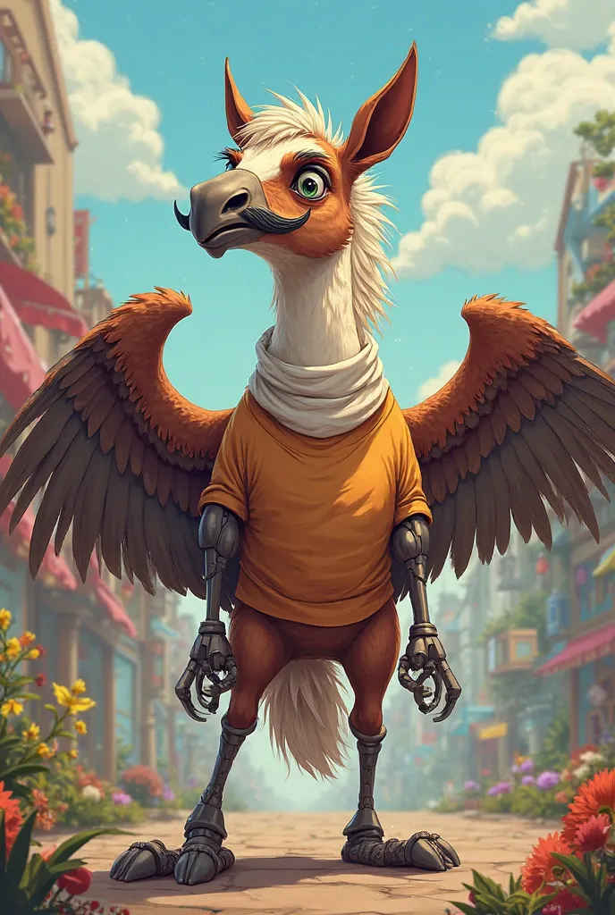 I want a horse mixed with an eagle, Who has a moustache and puppet parts and a turtleneck shirt in a cartoon