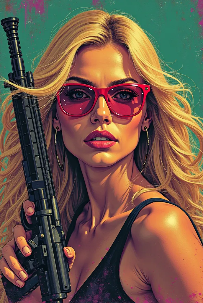 affiche style pop art sérigraphie vert violet irisé ultra réaliste avec en titre "DEEP STATE presents PAMELA MANSON" with gorgeous blonde woman in red glasses with weapon of war
