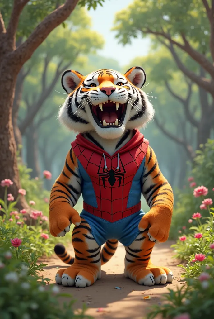 Tiger wearing Spiderman suit is laughing at park 