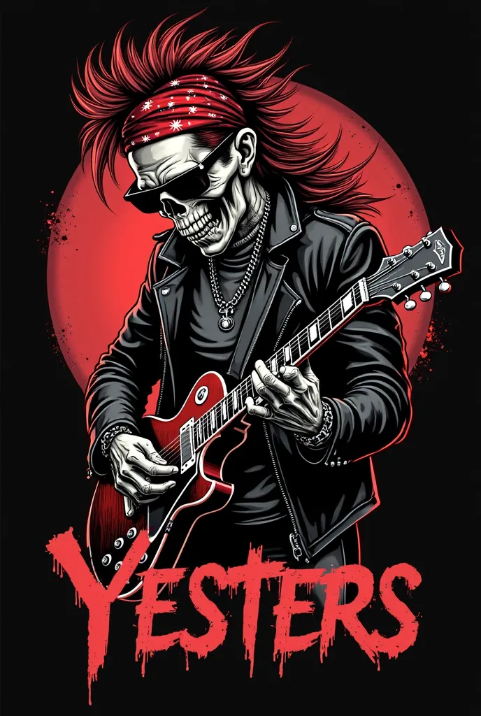 Logo for a rock band/Metal call "Yesters" with a Zombie metalhead guitarist, only with a Les Paul Red Bordo, Hair with Mullet Cut, black glasses, Red Rocker Bandana on the forehead,  leather jacket , Chain bracelet , on black background, including the name...