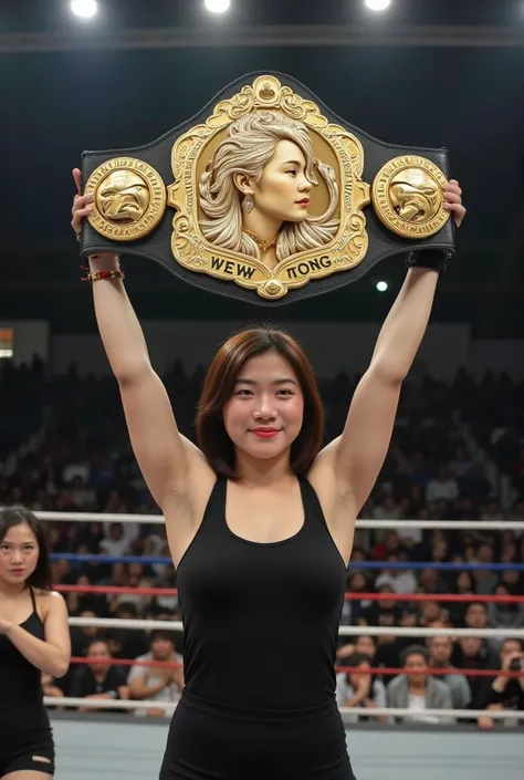 beautiful girl. He is lifting the belt of a huge international wrestling champion with a carving of the face of a beautiful woman made of gold in decorated with an engraving of the inscribed name "WEW Tong". background is a free wrestling ring, amazing fra...