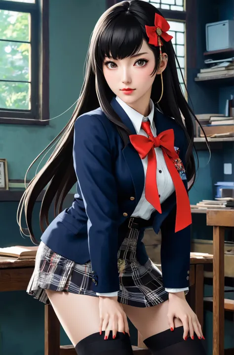 ((anime style, 2D,  well-defined traits ,  great quality, color element, surRealistic, japanese pop, traces of painting Ukiyo-e,  well-defined traits , Realistic, inspired by Toshio Saeki, Persona 5 Style)), a beautiful young Japanese schoolgirl with a goo...