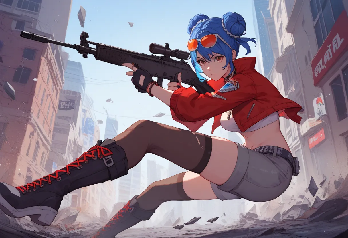 1girl, solo, WifetimusPrime, blue hair, double bun, eyewear on head, necklace, white crop top, red cropped jacket, fingerless gloves, grey shorts, thighhighs, boots, landing heavily on a city street, cracked street, impact crater, the street cracks and bre...