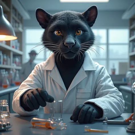 scientific black panther botarga with laboratory coveralls and animated laboratory gloves, big, friendly 