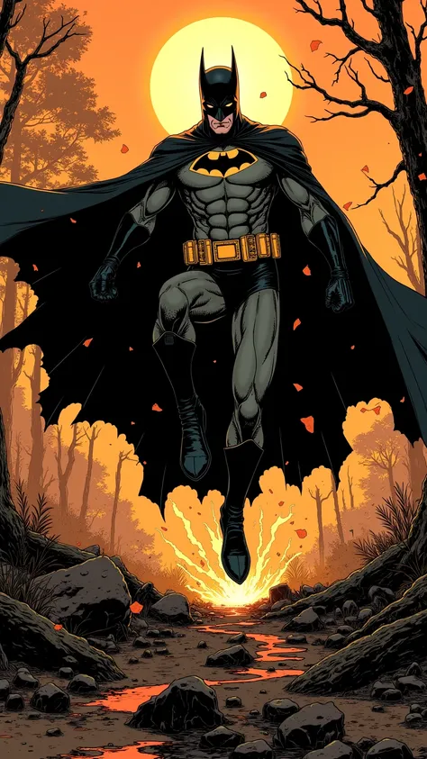 Illustration of Batman landing in the wilderness, Put one knee on the ground、Support it with one hand、the shape where the other leg stands up,(Superhero Landing),express strength and tension,camera gaze creates confidence and determination with fire effect...