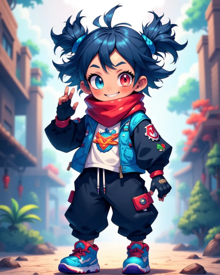 young age boy, dark blue hair up, light blue hair down, Hair in front of the ears, Ahoge,  smile,  animated,  ANIMATED STYLE , right eye light blue,  left eye red , crimson red scarf,  blue jacket, white t-shirt with logo, loose black sweatpants, normal li...