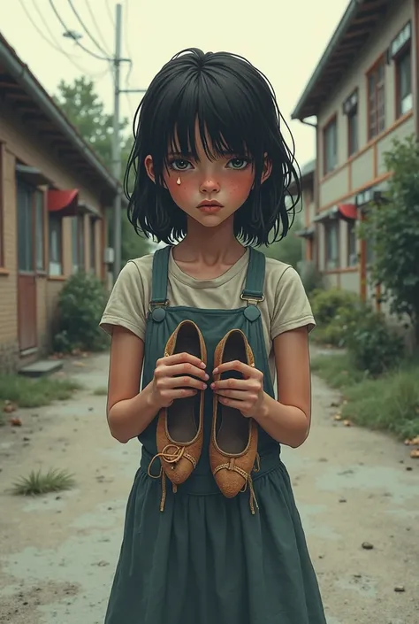   girl , Holding in her hands broken women's shoes,  sad,  On the schoolyard ,  illustration 