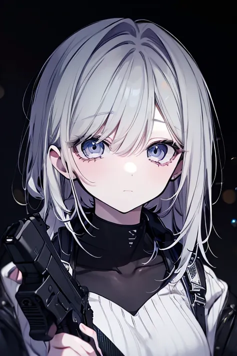 An Expressionless Girl、point the gun at your own head,best quality,8k,High Resolution,masterpiece,Ultra fine, real ,like in the picture,HDR,Studio Lighting,Extreme Detailed Depiction,professionals playing VR games,vivid color,Bokeh Background,Portrait,Dark...