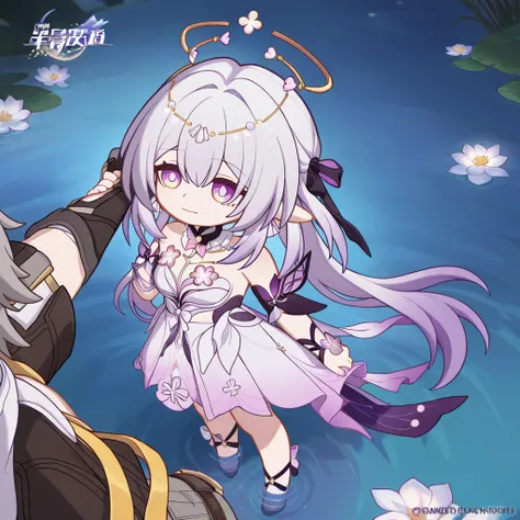   next to the river,Castorice white hair purple eyes honkai star rail dress and boy caelus gray hair yellow eyes honkai star rail having sex ,mountains in the background, white flowers 