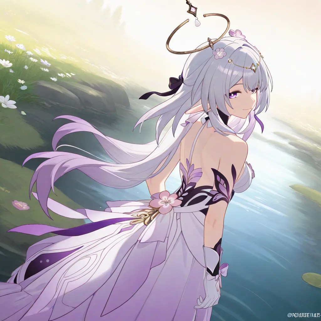   next to the river,Castorice white hair purple eyes honkai star rail dress and boy caelus gray hair yellow eyes honkai star rail having sex ,mountains in the background, white flowers 