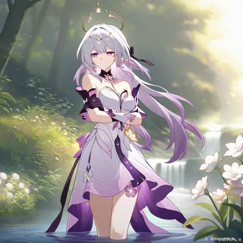   next to the river,Castorice white hair purple eyes honkai star rail dress and boy caelus gray hair yellow eyes honkai star rail having sex ,mountains in the background, white flowers 