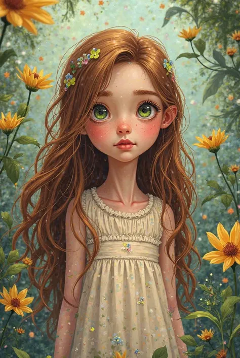 Create in the image of a young girl with long brown hair and big green eyes, small nose and full lips. Must be tall and thin, 2D cartoon style