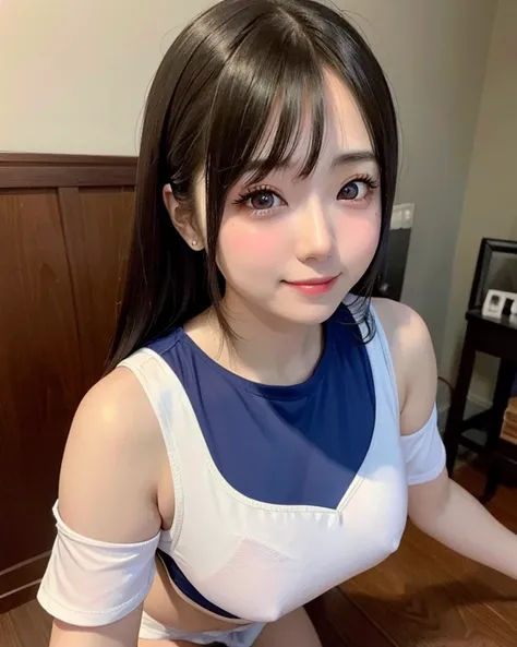  mine-type makeup。droopy eyes。Heavy eye makeup。The provocative, expressive idiot smile of a young plump Japanese dark-haired gal looking at the camera。 color contact 。Show off your dark armpits, sweaty young body, thick whiplash thighs, and huge breasts。sp...