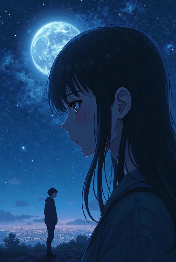 Anime on a Starry Night with a Full Moon, The face of a young woman in profile who has long black hair and is projected into the sky, merging with the stars and the moon,  it's nighttime.  her eyes are closed , And look to the left. below, a young man walk...