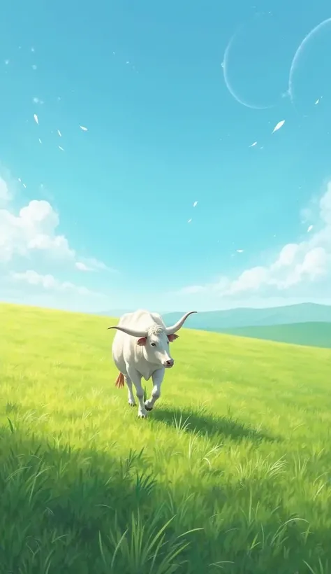 The white cow leaves her calves behind and walks into a vast, open field to graze on fresh green grass. The sky is blue with a few white clouds, and the atmosphere is calm and serene.