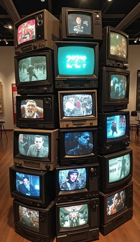 The camera rotates around a large stack of vintage televisions all showing different programs — 1950s sci-fi movies, horror movies, news, static, a 1970s sitcom, etc, set inside a large New York museum gallery.