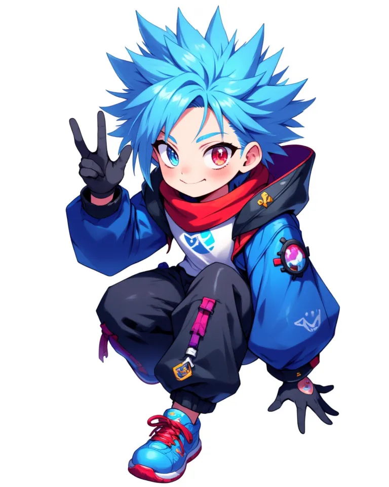  adolescent male , Blue hair France up, light blue hair down, Hair in front of the ears,  smile,  animated,  ANIMATED STYLE , right eye light blue,  left eye red , crimson red scarf,  blue jacket, white t-shirt with logo, loose black sweatpants, normal lig...