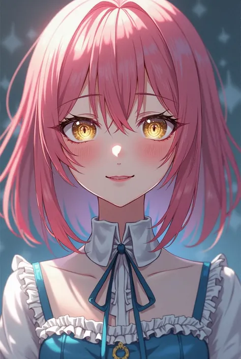 creates a two-faced  with pink hair slightly longer than her shoulders, golden eyes glittering needle, one side laughing merrily. The other side with a wistful smile, cold but distressed look. Light blue white aristocratic lady dress in manhwa anime style