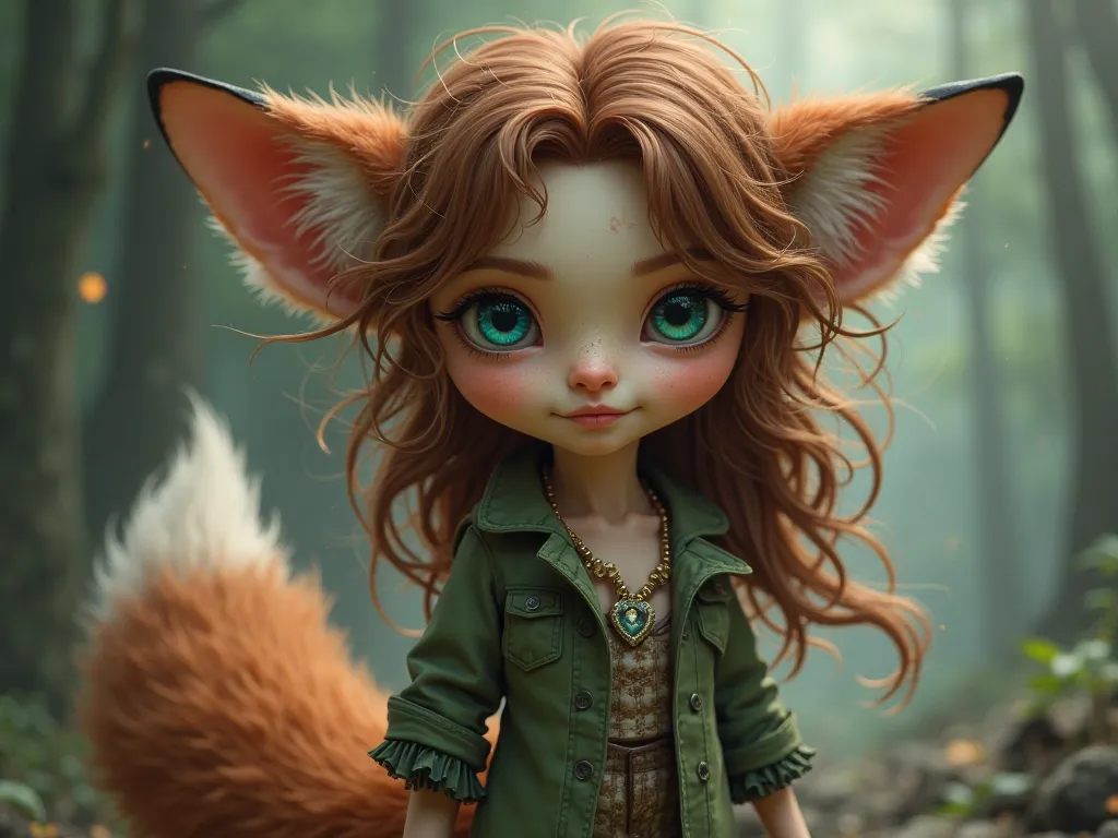 a  with one green and one blue eye, a fox tail, moreno, without a fox's ear and brown hair