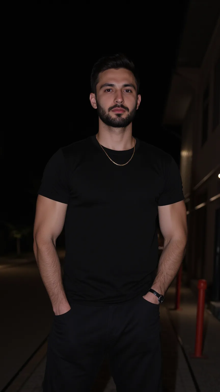 a handsome young turkish guy with muscle, dark very short hair fade and beard  he wearing a black tshirt and a black loose pants and a thin gold chain he is in a mercedes s coupe in black amateur photo random picture its night and location is germany he ha...