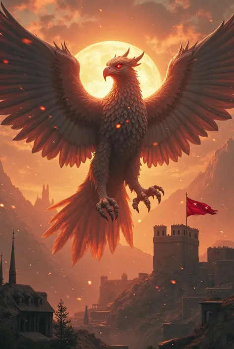 A huge griffin with claws, with dotted ancient runes, hovers over Tbilisi. His eyes flash with red fire, and the beak, , the spear-like atmosphere, leaves cracks in the air. The wings are exuding hot sparks, illuminating the old city, As if a harbinger of ...