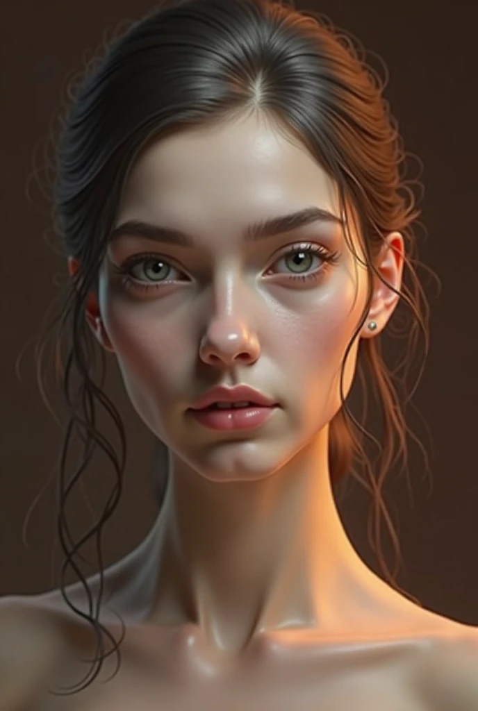  *"A human face with an oval-triangular shape: narrow front, soft cheekbones, slightly wide and rounded jaw,  pointed chin , soft curves,  neutral expression ,  realistic style,  soft lighting ".*