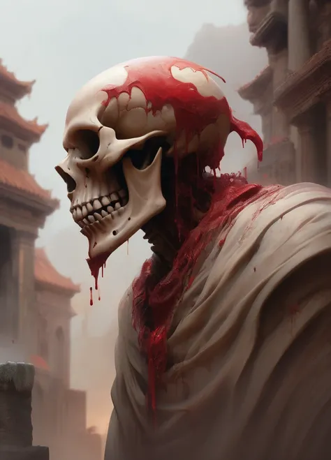 Skull in the foreground,  left profile, with the hand on the chin, thinking, Skull with fluids hanging, ancient city background, bone-colored skull with red fluids, ancient essence background.