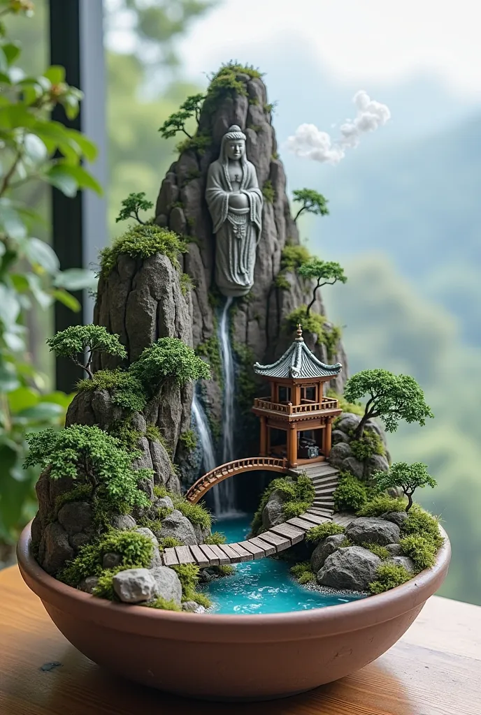 miniature landscape, rockery, mountains, water flowing down from the top of the mountain, smoke, an ancient Chinese-style house, a Buddha statue carved in the mountain, a bridge in front, placed in a pot on the table, trees, moss, clear layout, high, low, ...