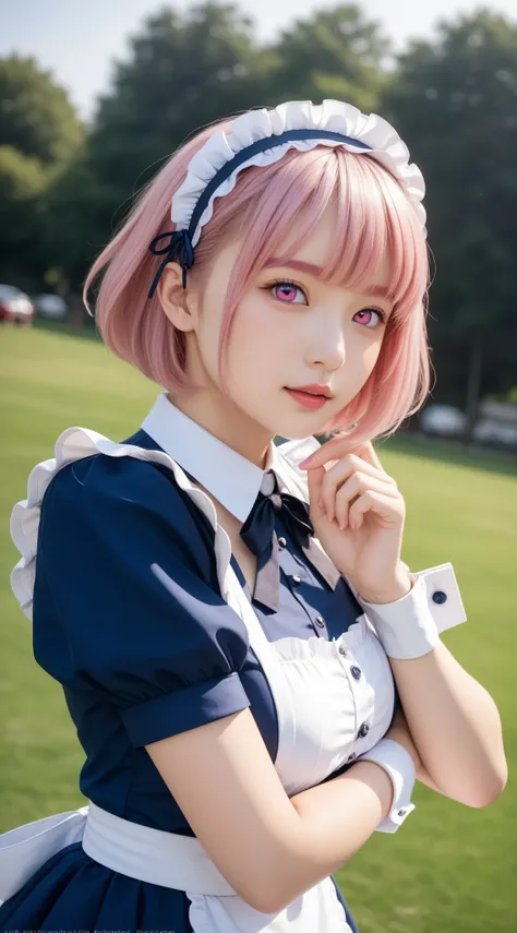 ((A large square on the park's lawn:1.2、girl wearing an orthodox navy blue maid outfit:1.5、Short sleeve、break、detailed pink short hair:2.0、straight hair、Frilly headband、 right eye is hidden by bangs:1.5、pink eyes、Detailed and thin pink eyebrows、Detailed an...