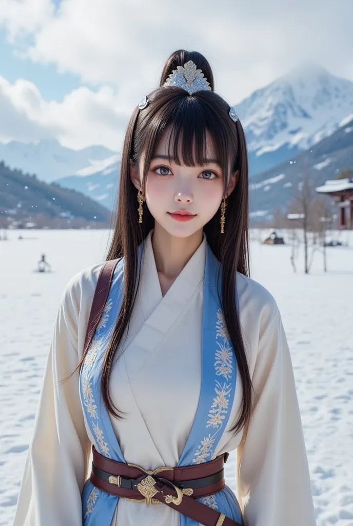 High definition,  masterpiece, Ancient country, Beautiful Korean women, 28 years old, Wave jeans, long hair, and wear traditional Korean hanbok, Martial arts master,  Fighting with a sword in the snow, plain, Rugged mountain peaks faintly visible in the di...