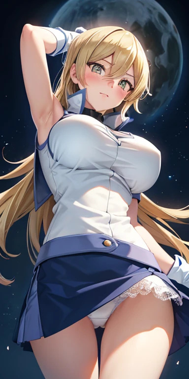  1 female,high definition,high resolution,  ultra-realistic  ,8K, ta1,blond hair,long hair,yellow eyes,  white jacket,  sleeveless, blue skirt, Skinny skirt  , mini fold,fingerless gloves, big breasts,European,sexy,Primer plano de la parte superior del cue...