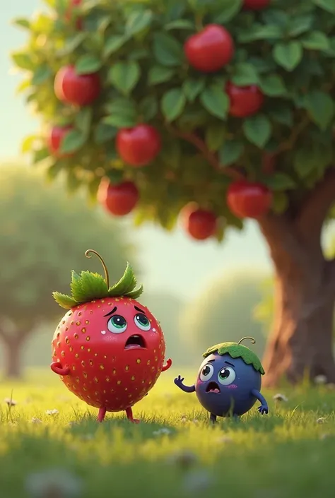 A super cute 3D chubby strawberry with tiny arms and legs, wearing a green leaf hat, is looking surprised and concerned as it finds a tiny, scared blueberry under a big apple tree. The blueberry has tiny arms and legs, teary eyes, and a sad expression. The...