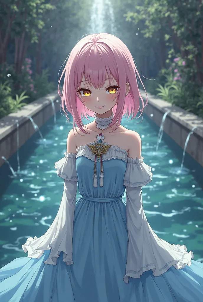 creating a girl with light pink hair slightly longer than her shoulders, golden eyes glittering needle, although she had a forced smile, her eyes were cold but had suffering. Wearing a light blue and white noble lady dress in the style of anime manhwa comi...