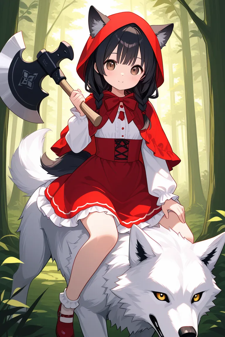 Highest quality,  Ultra High Definition、(( girl))、forest、A big axe in one hand、Riding on a wolf's back、semi-long black hair, Brown Eyes, Little Red Riding Hood, red and white costume 、 wolf ear、 wolf tail 