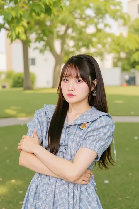 "Japanese woman with a stern expression, arms crossed, standing in front of a camera, clearly angry. She is wearing a cute dress, and the background is a park with greenery and trees. The scene is vibrant, with sunlight filtering through the leaves, creati...