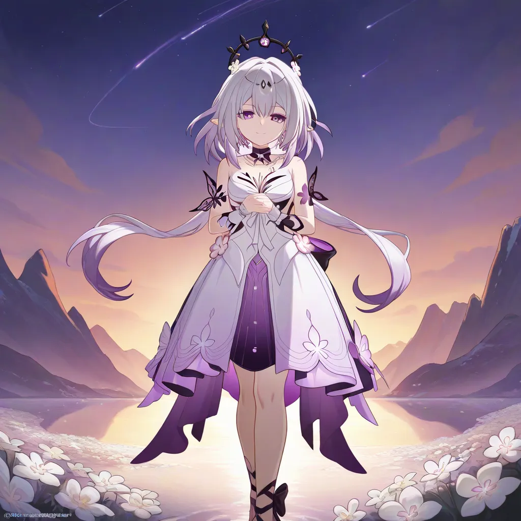  Castorice white hair purple eyes honkai star rail dress and boy caelus gray hair yellow eyes honkai star rail having sex ,mountains in the background, white flowers 