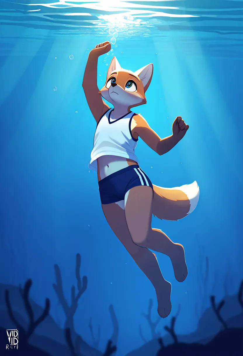 rating_furry, a male anthropomorphic fox wearing a school sports uniform, drowning underwater, looking up, with an expression of worry and drowning on her face, clutching his chest with his hand, falling, stretching his hand up, trying to reach the surface...