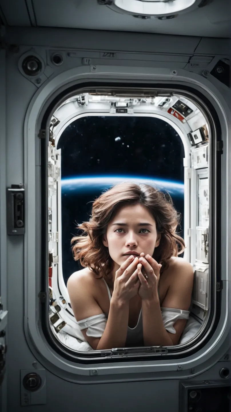 Envision a scene that transcends the boundaries of photography, where a woman's deep melancholy is as tangible as the space she occupies. She is adrift inside a space station, her presence a poignant contrast against the mechanical backdrop. Her gaze, lost...