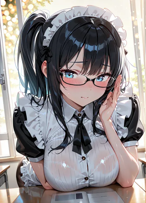 Clear skies outside the window 、schools、classroom、Lying on desk(medium breast)( shiny skin),(ruddy skin),(curvy),(long hair、 black hair、long bung,light blue eyes, Japanese high school girl、(maid clothes、tights(black rim glasses)),(depth of field,bokeh)（I'm...