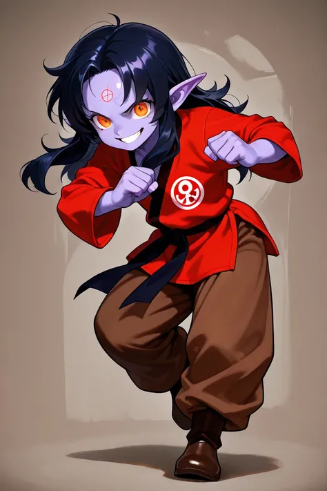 female, pointy ears, purple skin, red martial arts gi, brown baggy pants, circus symbol, dark brown boots, long dark blue shaggy hair, big forehead, orange eyes, solo, intense smile