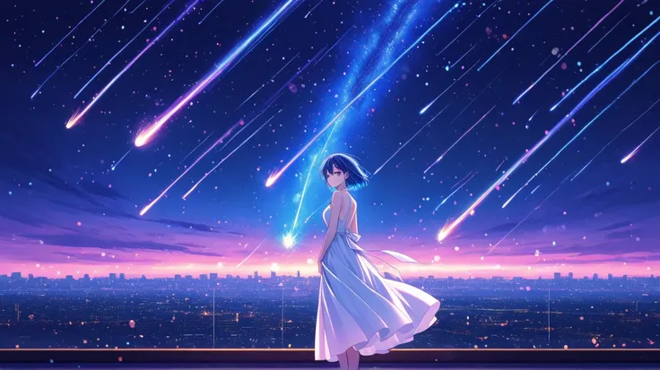 (masterpiece), (Highest quality), masterpiece, Highest quality,  Anime Girl，starry sky，meteor shower，夜のcomet, Makoto Shinkai,  in front of the cityscape , （meteor shower，comet），sharp focus with bubbles as background， low angle between mountains， ， meteor，H...