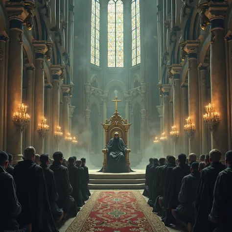 A large cathedral with the Antichrist seated on a golden throne at the altar, surrounded by worshipers kneeling.